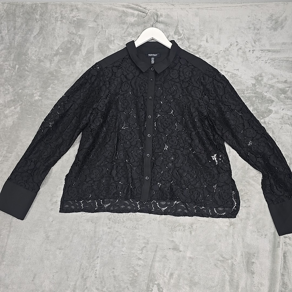 Ellen Tracy‎ Womens Floral Lace Button-Down Blouse Top XL Black Whimsigoth